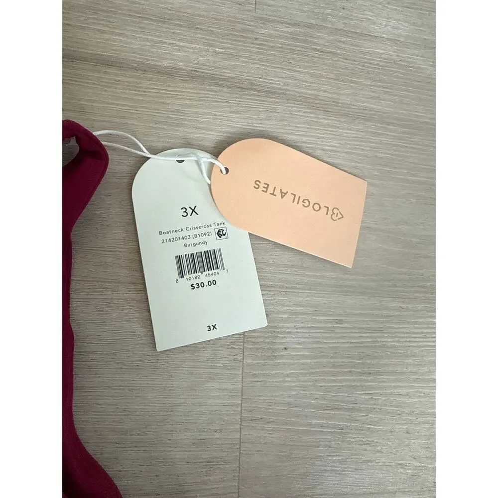 NWT Blogilates Women's Boatneck Criss Cross Tank Burgundy Athletic Size 3X